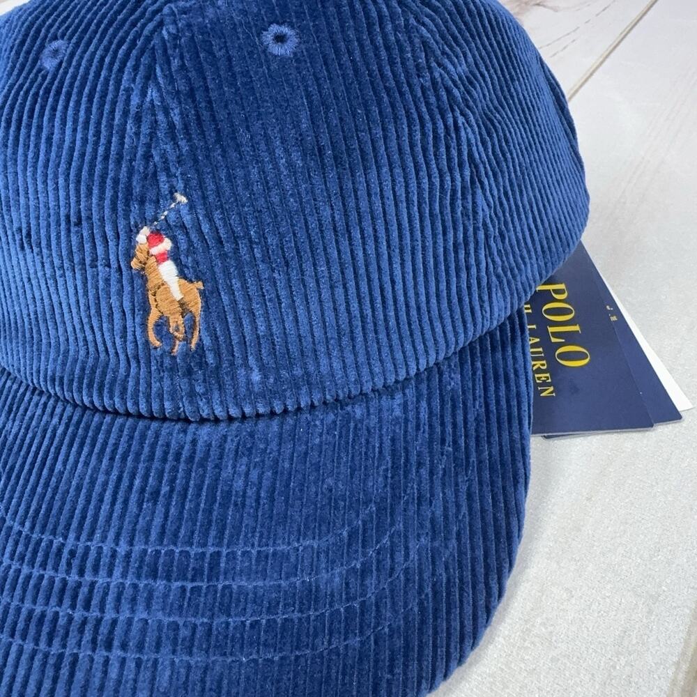 PRL Blue Corduroy Hat Leather Strap Pony Logo Cap Polo Ralph Lauren